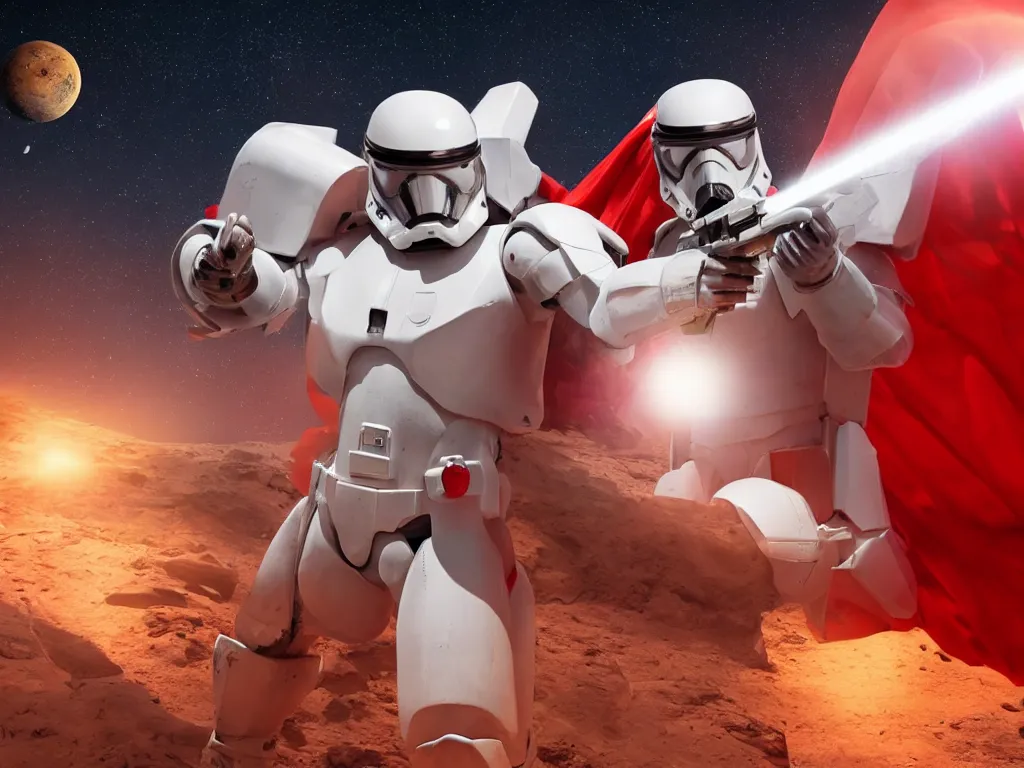 Image similar to gigachad space trooper in glossy sleek white armor with small red details, no helmet, red cape, heroic posture, firing laser rifle, on the surface of mars, explosions in the background, night time, dramatic lighting, cinematic, sci-fi, hyperrealistic, movie still