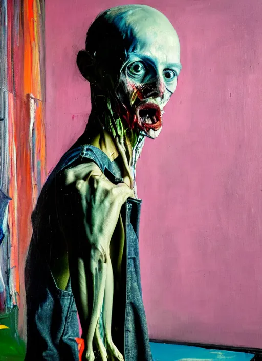 Image similar to an insane, skinny, artist wearing dirty, torn overalls, expressive painting the walls inside a grand messy studio, depth of field, hauntingly surreal, highly detailed oil painting, by francis bacon, edward hopper, adrian ghenie, glenn brown, soft light 4 k in pink, green and blue colour palette, cinematic composition, masterpiece