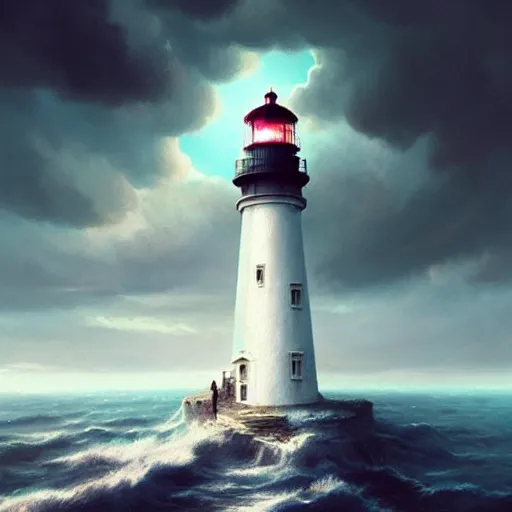 Image similar to a lighthouse standing on a cloud,digital art,realiatic,hyperdetailed,art by greg rutkowski,trevor henderson,photorealistic,mega realistic,surreal,fantasy