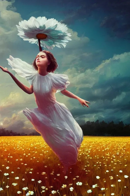 Prompt: giant white daisy flower face head, girl dancing in a flower field, surreal photography, sunrise, dramatic light, impressionist painting, colorful clouds, digital painting, artstation, simon stalenhag