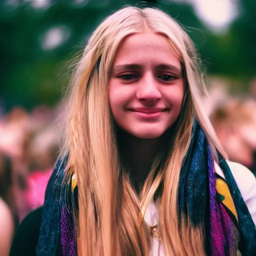 Prompt: ultra high resolution close - up of a very beautiful young woman with blond long hair, standing in crowd of music festival, looking down at the camera. her face is partially obscured by a purple scarf, and she has a lovely smiling expression. the light is dim, and the colours are muted. kodak etkar 1 0 0.