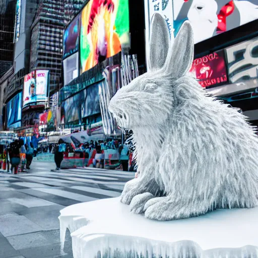 Image similar to a realistic ice sculpture of a very scary bunny with sharp teeth made by michelangelo, standing in times square, 3 d render, hyper detailed, sharp focus, 8 k resolution