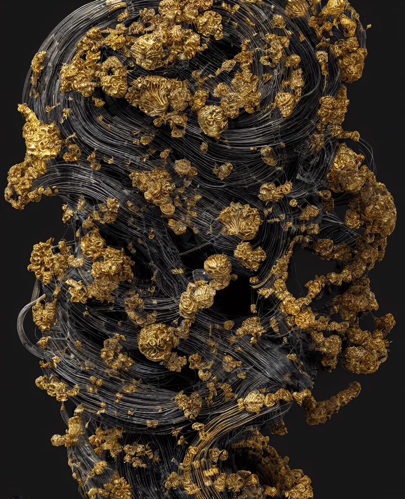 Image similar to fully black background. background hex 000000. goddess princess face close-up portrait ram skull. sculpture made of gold and black charcoal. jellyfish phoenix head, nautilus, orchid, skull, betta fish, bioluminiscent creatures, intricate artwork by Tooth Wu and wlop and beeple. octane render, trending on artstation, greg rutkowski very coherent symmetrical artwork. cinematic, hyper realism, high detail, octane render, 8k