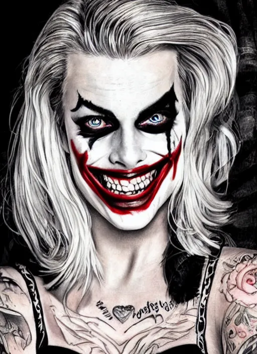 Image similar to tattoo design of margot robbie with joker makeup, ace card, in the style of da ink, realistic face, black and white, realism tattoo, hyper realistic, highly detailed