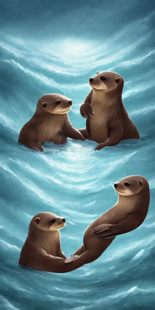 Image similar to two adorable otters falling in love holding hands side by side huddled, all hiding together in the middle of a super scary storm at sea, fantasy illustration, cinematic, award winning, romantic, detailed trending on artstation, masterpiece