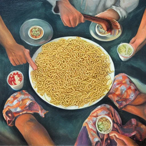 Prompt: ' people swimming in a big plate of noodles, oil painting'