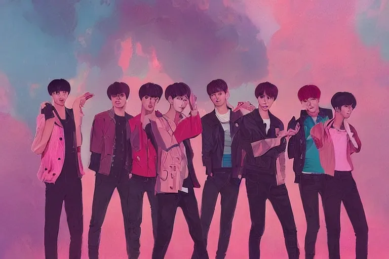 Image similar to “ a portrait of 7 members of bts band, rainy background, pink bright art masterpiece artstation. 8 k, sharp high quality artwork in style of jose daniel cabrera pena and greg rutkowski, concept art by tooth wu, hearthstone card game artwork. ”