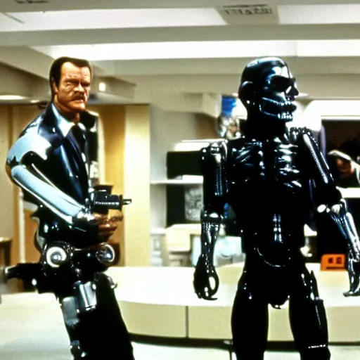 Prompt: Jack Nicholson plays Terminator, scene where his endoskeleton gets exposed, film scene 1990 cinematography