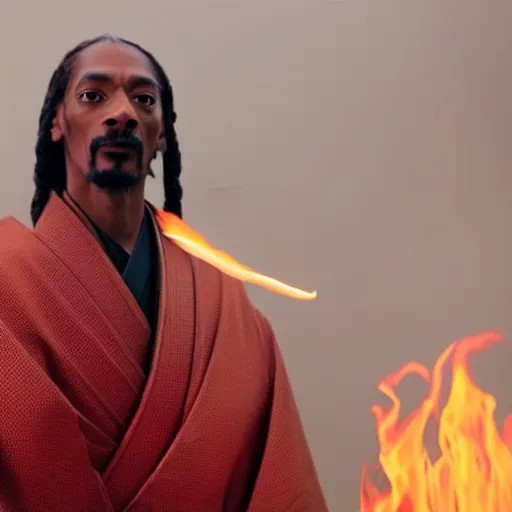 Prompt: cinematic film still of Snoop Dogg starring as a Samurai holding fire, Asian CGI, VFX, 2022, 40mm lens, shallow depth of field, film photography
