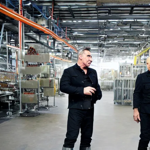 Image similar to till lindemann inspecting a factory which produces clones of putin