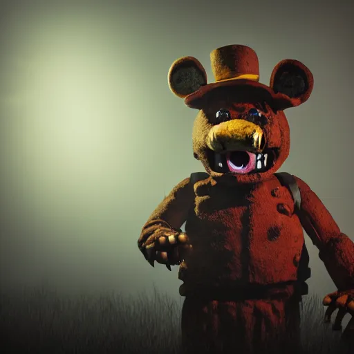 Image similar to a realistic horror photo of Freddy Fazbear by Simon Stalenhag, studio photography, dark grey background, softly backlit, gentle smoke effect.