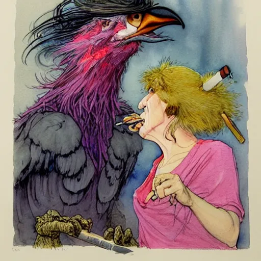 Prompt: a realistic and atmospheric watercolour fantasy character concept art portrait of big bird with pink eyes wearing a wife beater and smoking a huge blunt by rebecca guay, michael kaluta, charles vess and jean moebius giraud