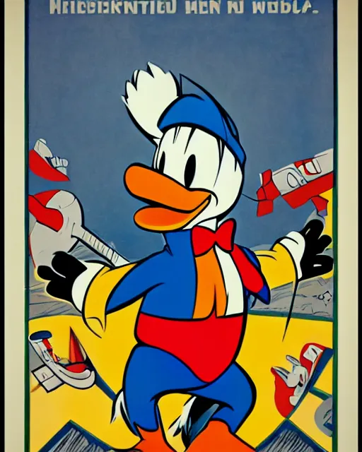 Prompt: Donald Duck in a Soviet style propaganda poster