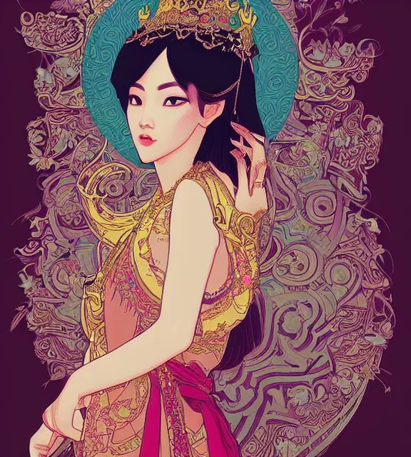 Prompt: beautiful and detailed digital illustration of thai princess by kittichai rueangchaichan and Ilya Kuvshinov, floralpunk, Artstation, art nouveau aesthetic, Alphonse Mucha background, intricate details,