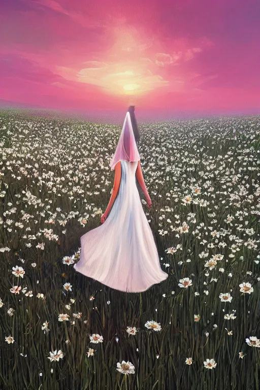 Prompt: giant white daisy flower veil head, girl walking in a flower field, surreal photography, sunrise, dramatic light, impressionist painting, colorful clouds, digital painting, artstation, simon stalenhag