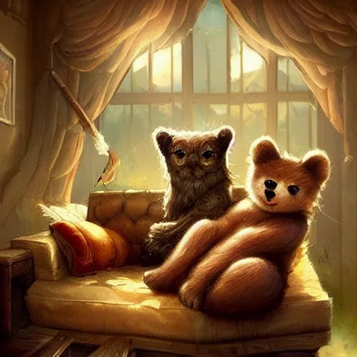 Image similar to bear and cat sitting in couch, cute and adorable, pretty, beautiful, fantasy painting, DeviantArt Artstation, by Jason Felix by Steve Argyle by Tyler Jacobson by Peter Mohrbacher, cosy atmoshpere