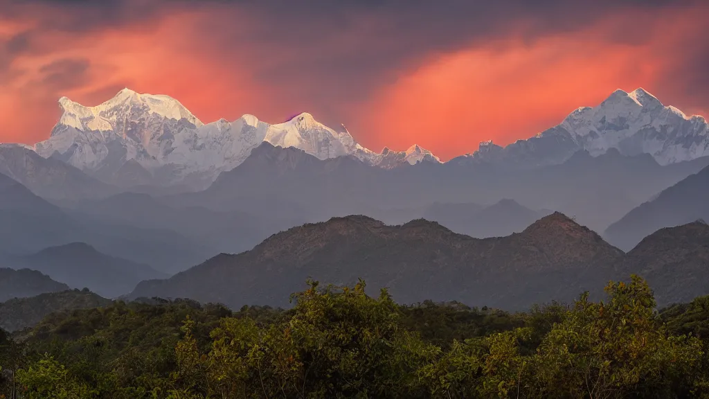 Prompt: moody sunset picture of the Annapurna mountain range with McDonalds restaurant visible in the foreground disturbing the view, large-format landscape photography