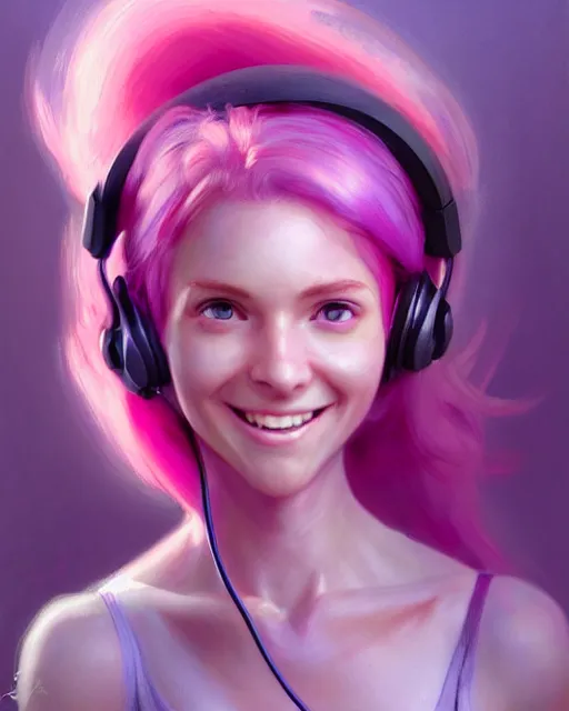 Image similar to cute female gamer smiling, perfect face, pink headphones, purple halter top, ginger hair, abs, cinematic, stunning, athletic, strong, agile, highly detailed, psychedelic, digital painting, artstation, smooth, hard focus, illustration, art by jessica rossier and and brian froud