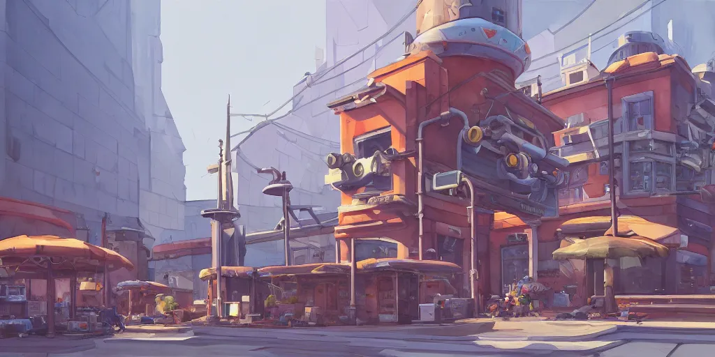 Image similar to overwatch building, stylized, exterior, architecture, in watercolor gouache detailed paintings, insanely detail, artstation, 8 k, futuristic, big medium small, arcane, simon stalenhag, food stall