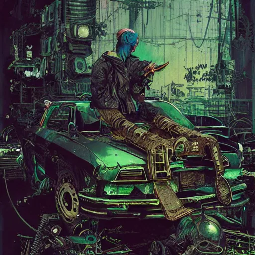 Prompt: An old punk sitting alone in a junkyard with his robot friend + black layered paper + end of the world theme + elements + dark blue and green tones + neon + baroque + rococco + white + ink + marc simonetti, craig mullins, peter mohrbacher, michael whelan, detailed, intricate ink illustration, cinematic, mucha