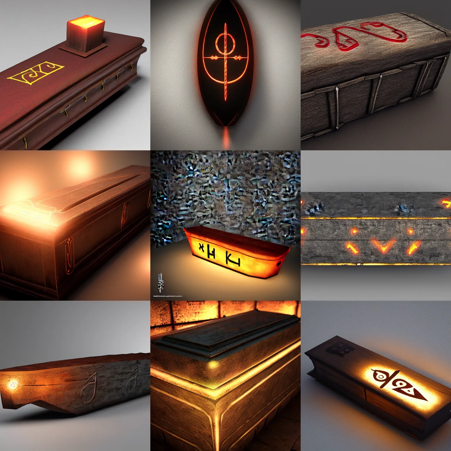 Prompt: Coffin with glowing runes, octane render, realistic, photograph