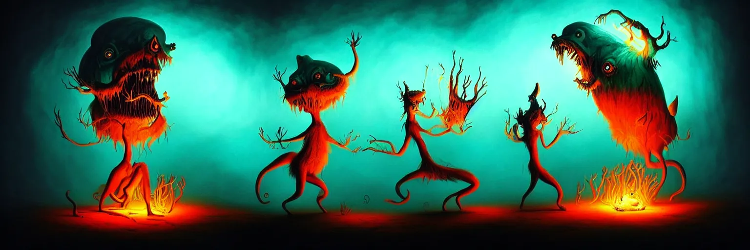 Image similar to whimsical creature freaks from the depths of the imagination, dramatic lighting from fire glow, surreal dark uncanny painting by ronny khalil