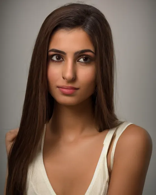 Prompt: a highly realistic, true to life portrait of a beautiful young middle eastern girl, sharp focus, from the waist up, with sharp features, a beautiful face, soft smile, under studio lighting, taken with a canon eos camera with 1 3 5 mm focal length