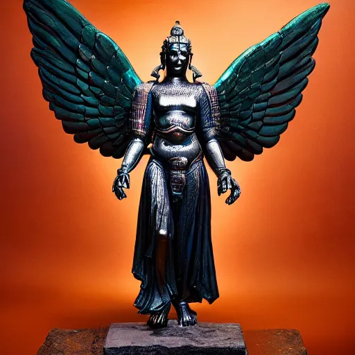 Image similar to UHD candid photo of a robot Angel Vishnu, UHD, photorealistic, real wings, correct face, photo by Annie Leibowitz