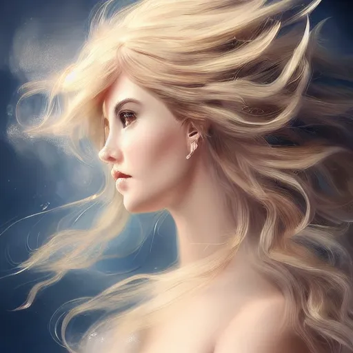 Image similar to A portrait of an attractive young female wind angel, beautiful long cloud hair, wearing tumultus clouds, intricate, highly detailed, elegant, digital painting, trending on artstation