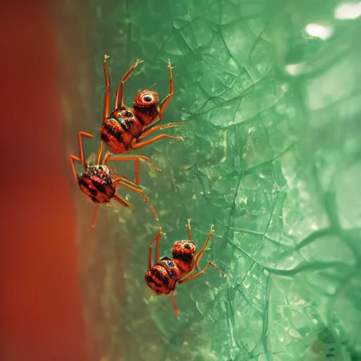 Image similar to high quality close-up photo translucent gelatinous spiders! gorgeous highly detailed hannah yata elson peter cinematic orange lighting high quality low angle hd 8k sharp shallow depth of field