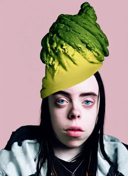 Image similar to a hyper realistic render of billie eilish wearing a melting ice cream cone as a hat, au naturel