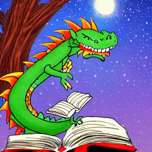 Prompt: cute dragon reading a book under the stars