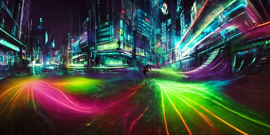 Prompt: details of trail effect of futuristic break dancer wearing neon lights, long exposure shot , at night in the middle of a gotham city street, paddle of water, steam, water splashes, rim lights, glossy reflections, water droplets on lens, octane render, detailed and soft, 10mm fisheye