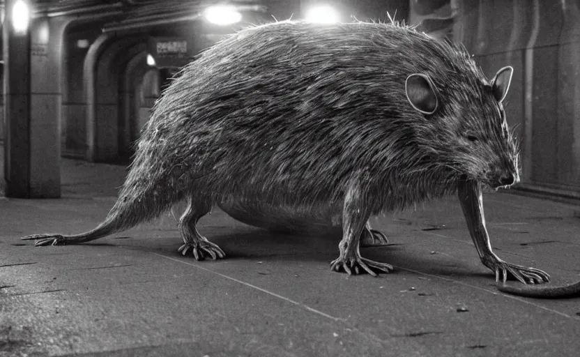 Image similar to very large giant mutant zombie rat infected by radiation sraying in tonnel of moscow subway. extreme high detail. low dark light, scary atmosphere.