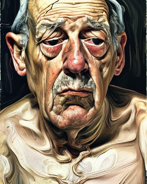 Image similar to a head and shoulders portrait a very ordinary old man with an sad expression, side angle, by Lucian Freud and Jenny Saville, oil painting, anatomically correct, beautiful perfect face, visible brushstrokes, sharp focus, Highly Detailed, Cinematic Lighting, 8k, HD