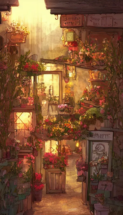 Image similar to a little warm flower shop's front gate, nostalgic, digital illustrati on, dramatic lighting, concept art, detailed textures
