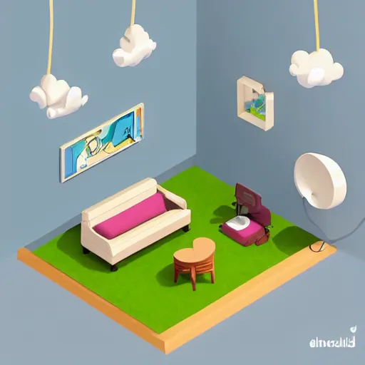 Image similar to a chubby cute room, 3 d illustration, isometric, 1 0 0 mm, studio lighting