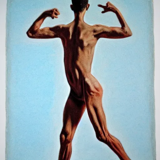 Prompt: an artistic color dry pastel study of a young male body, full body, dynamic pose, berne hogarth, david hockney