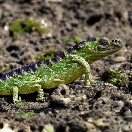 Prompt: the first reptile to leave the ocean and crawling onto the land