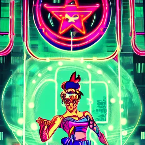 Image similar to portrait of sailor moon with arm tattoos, in the style of cyberpunk on the background of neon signs, symmetrical, single person