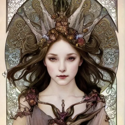 Prompt: realistic detailed face portrait of an otherworldly fairy tale Snow Dragon Queen with glistening scales for skin by Alphonse Mucha, Ayami Kojima, Amano, Charlie Bowater, Karol Bak, Greg Hildebrandt, Jean Delville, and Mark Brooks, Art Nouveau, Neo-Gothic, gothic, rich deep moody colors