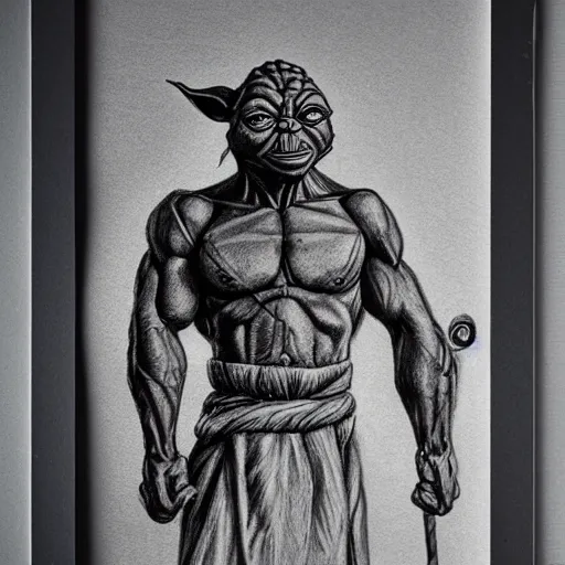 Image similar to full body black and white pencil sketch of a muscular Yoda