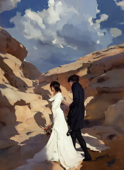 Prompt: jungkook and taehyung of bts getting married in las vegas, jodhpurs hyperborea winter traveler treasure hunter greg manchess painting by sargent and leyendecker, fantasy, medium shot, matte painting, illustration, hearthstone, by rhads, by greg rutkowski, by greg tocchini, by james gilleard, by joe fenton