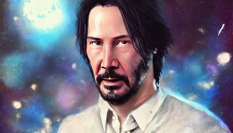 Image similar to Keanu reeves floating in space with a distressed look on his face, digital art, artstation, artgem