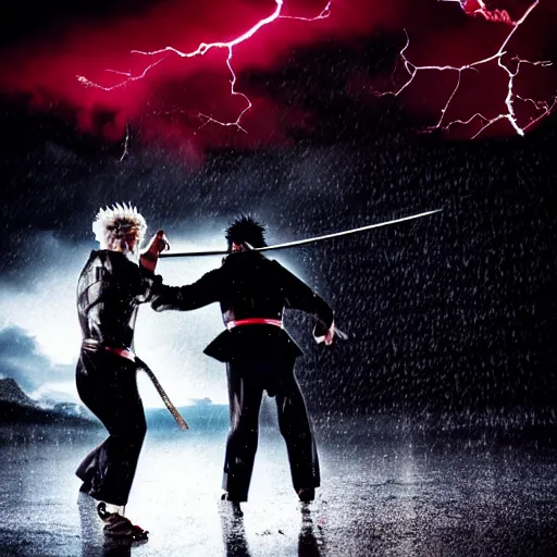 Image similar to Dramatic artistic photo of Samurai Gordon Ramsay having a sword fight with Samurai Guy Fieri, lightning in background, raining, dark, intense, anime fight, realistic, hyperrealistic