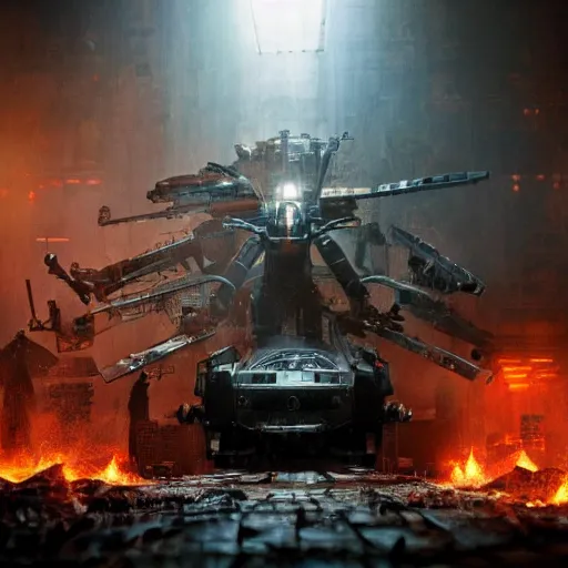 Image similar to mecha made from kitchen utensils, dark messy smoke - filled cluttered workshop, dark, dramatic lighting, orange tint, cinematic, highly detailed, sci - fi, futuristic, movie still from blade runner