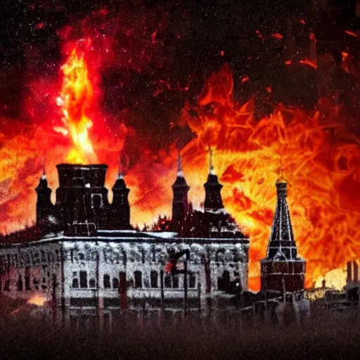 Prompt: high quality photo of Red Square with flames and mushroom cloud on background, highly detailed, 8k, professional