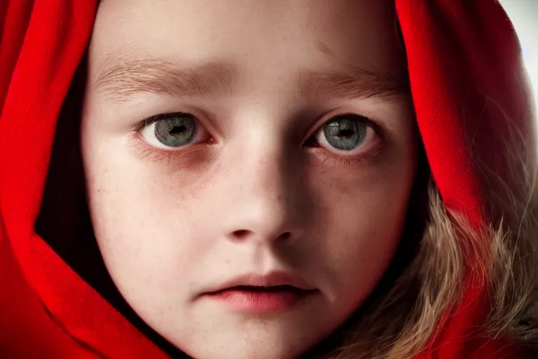 Prompt: a highly detailed cinematic headshot portrait color photograph of little red riding hood, ultra realistic, depth, beautiful lighting, by richard avedon and annie leibovitz and arnold newman, photorealistic, hyperrealistic, octane, epic composition, hasselblad camera, 5 0 mm, sharp focus, perfect facial symmetry