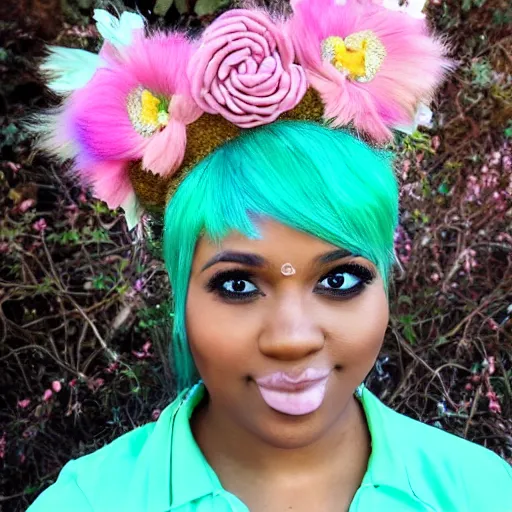 Prompt: a portrait of a Female brown skinned satyr with pink hair and a flower crown wearing a pastel green shirt with pastel blue overalls