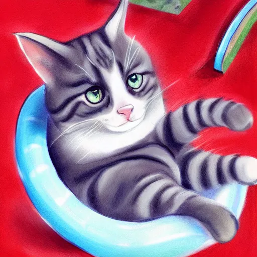 Prompt: a cute cat sliding down a water slide, digital art by Kawacy